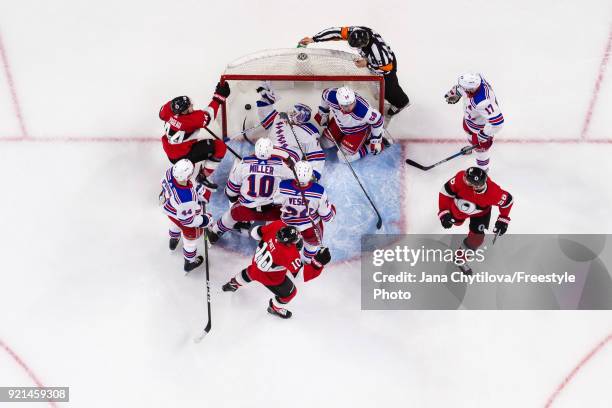 Magnus Paajarvi of the Ottawa Senators celebrates his third period goal with team mates Jean-Gabriel Pageau and Tom Pyatt as Neal Pionk, J.T. Miller,...