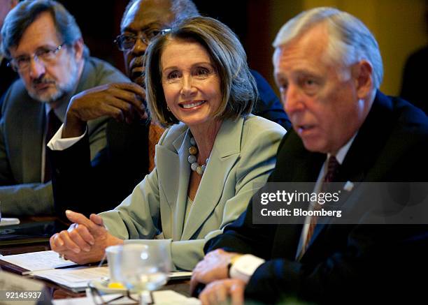 House Speaker Nancy Pelosi, a Democrat from California, second from right, meets with other House Democratic leaders at the Capitol in Washington,...