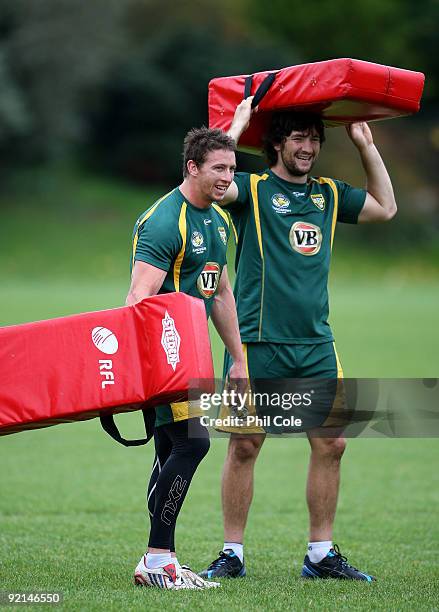 Kurt Gidley and Nathan Hindmarsh of the VB Kangaroos, Australian Rugby league Team during a training session at St Paul's School, Hammersmith on...