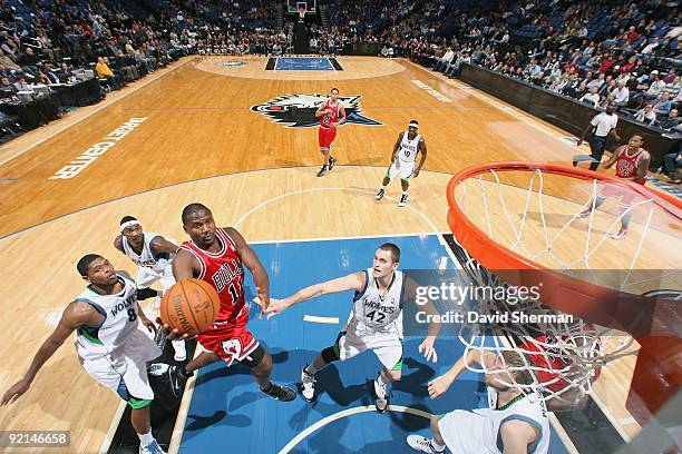 Lindsey Hunter of the Chicago Bulls takes the ball to the basket between Ryan Gomes and Kevin Love of the Minnesota Timberwolves during the preseason...