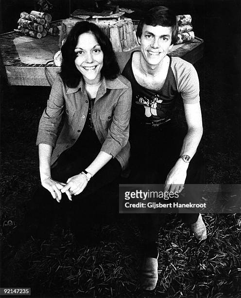 Karen Carpenter and Richard Carpenter from the Carpenters posed in the lounge of The Hilton Hotel, Amsterdam, Netherlands circa 1972