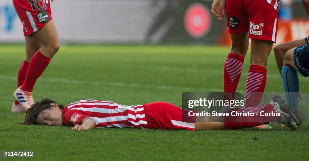 Yukari Kinga of the Melbourne City lies flat out after a tackle during the W-League Grand Final match between the Sydney FC and the Melbourne City at...