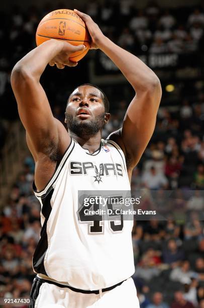 DeJuan Blair of the San Antonio Spurs shoots a free throw during the preseason game against the Los Angeles Clippers on October 14, 2009 at the AT&T...