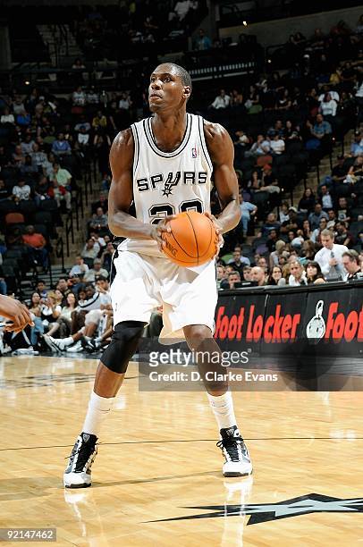Ian Mahinmi of the San Antonio Spurs looks to the basket during the preseason game against the Los Angeles Clippers on October 14, 2009 at the AT&T...