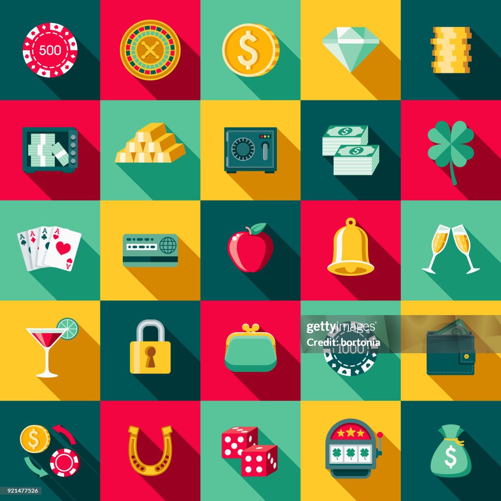 Conjunto de iconos de Casino de diseño plano con sombra lateral