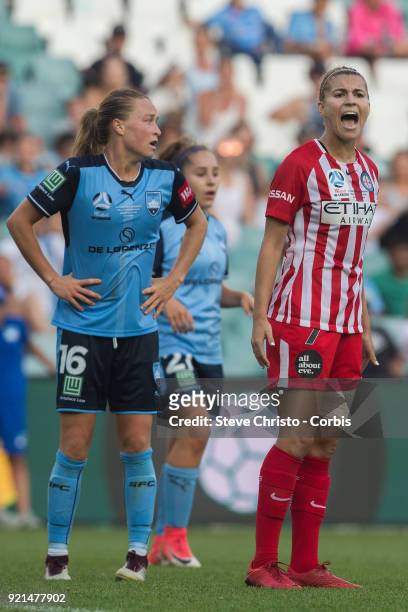 Stephanie Catley of the Melbourne City remonstrates to referee Rebecca Durcau during the W-League Grand Final match between the Sydney FC and the...