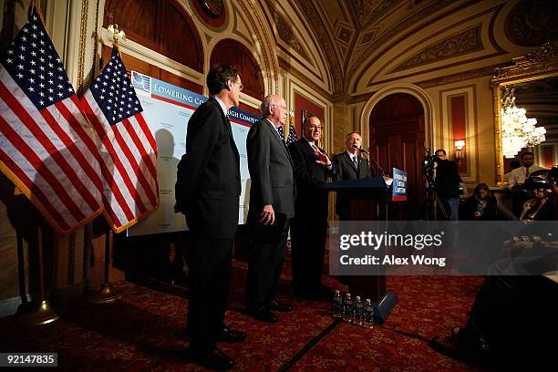 Sen. Charles Schumer speaks as Jim Guest, president and CEO of the Consumers Union, Sen. Patrick Leahy , and Senate Majority Leader Sen. Harry Reid...