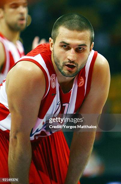 Linas Kleiza, #11 of Olympiacos Piraeus looks on during the Euroleague Basketball Regular Season Game Day 1 match between Olympiacos Piraeus vs...