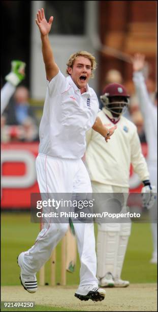 Stuart Broad of England appeals for the wicket of West Indies batsman Devon Smith during the 1st Test match between England and West Indies at Lord's...