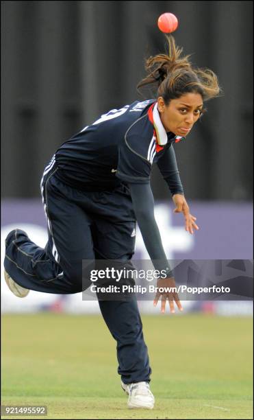 England Women's Isa Guha bowling with a pink ball during the 4th One Day International between England Women and Australia Women at Wormsley, near...