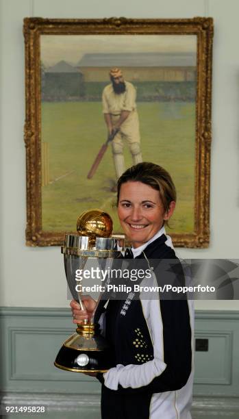 England Women's captain Charlotte Edwards with the ICC Women's World Cup trophy at Lord's Cricket Ground, London, 24th March 2009. England defeated...