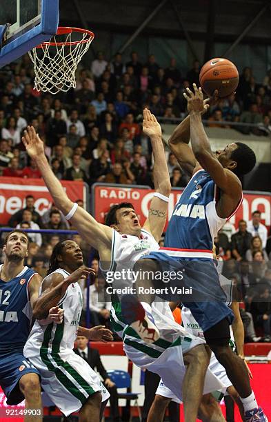 Luksa Andric, #12 of Cibona competes with Antonio Graves, #22 of Cibona in action during the Euroleague Basketball Regular Season Game Day 1 match...