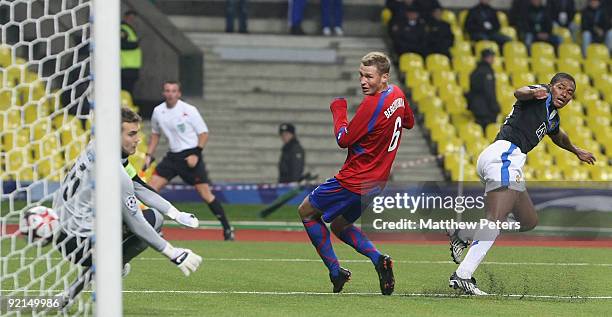 Antonio Valencia of Manchester United scores their first goal during the UEFA Champions League match between CSKA Moscow and Manchester United at...