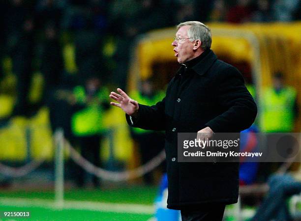 Sir Alex Ferguson manager of Manchester United gestures during the UEFA Champions League group B match between CSKA Moscow and Manchester United at...