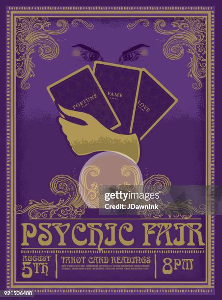 illustrazioni stock, clip art, cartoni animati e icone di tendenza di modello di design pubblicitario poster psychic fair vintage retrò - tarot cards