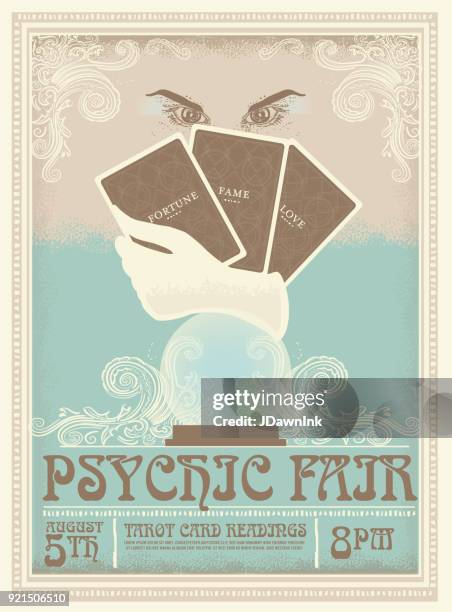 illustrazioni stock, clip art, cartoni animati e icone di tendenza di modello di design pubblicitario poster psychic fair vintage retrò - tarot cards