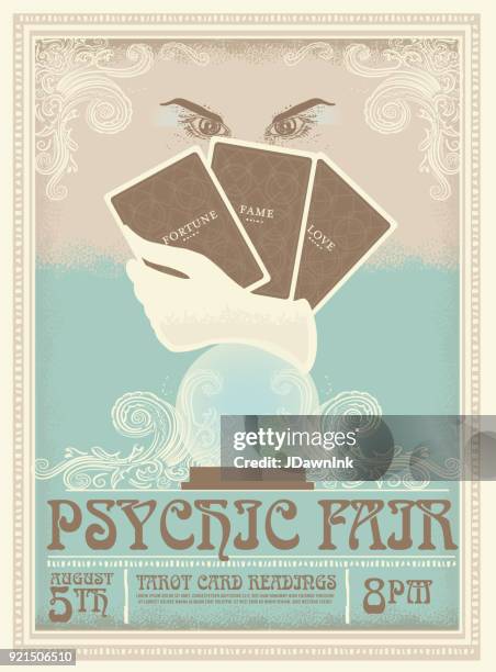 stockillustraties, clipart, cartoons en iconen met retro vintage psychic fair poster reclame ontwerpsjabloon - tarot cards