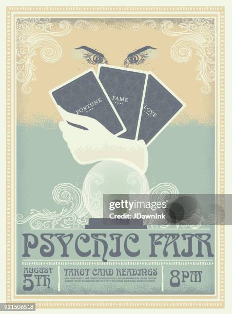 illustrazioni stock, clip art, cartoni animati e icone di tendenza di modello di design pubblicitario poster psychic fair vintage retrò - tarot cards