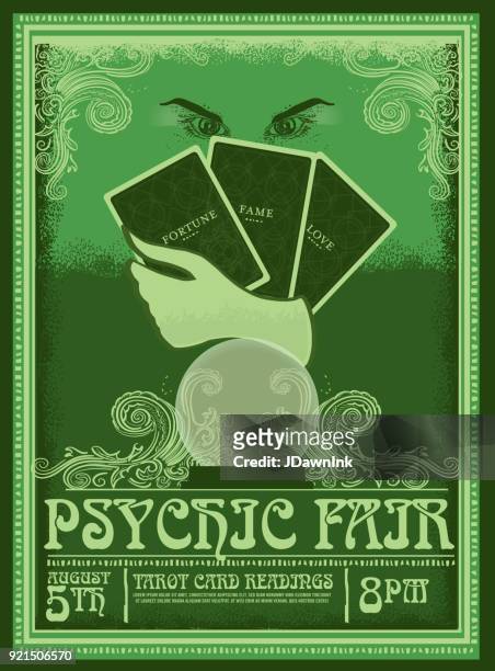 stockillustraties, clipart, cartoons en iconen met retro vintage psychic fair poster reclame ontwerpsjabloon - tarot cards