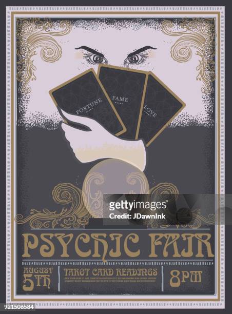 illustrazioni stock, clip art, cartoni animati e icone di tendenza di modello di design pubblicitario poster psychic fair vintage retrò - tarot cards