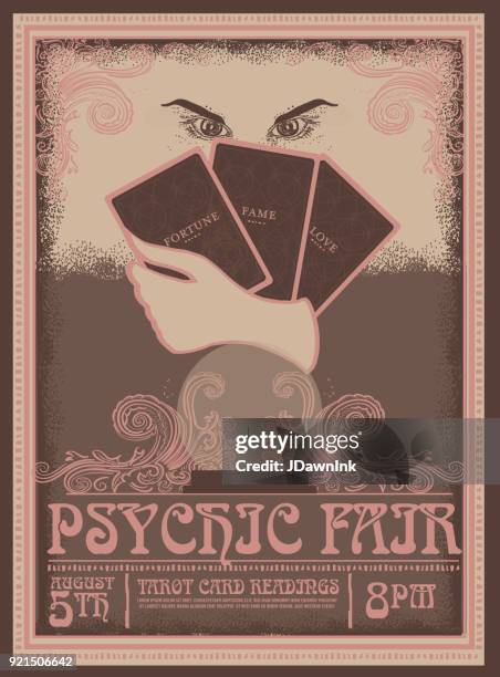 illustrazioni stock, clip art, cartoni animati e icone di tendenza di modello di design pubblicitario poster psychic fair vintage retrò - tarot cards