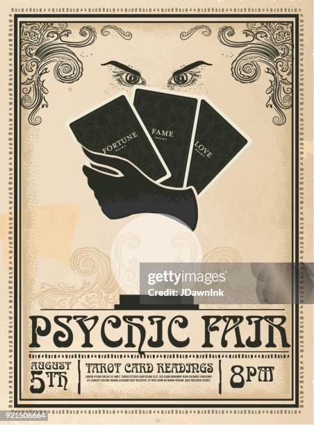 retro vintage psychic fair plakat werbung design-vorlage - tarot cards stock-grafiken, -clipart, -cartoons und -symbole