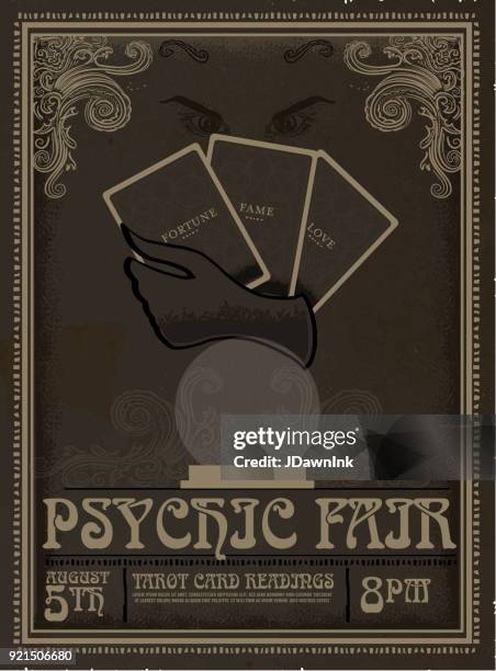 stockillustraties, clipart, cartoons en iconen met retro vintage psychic fair poster reclame ontwerpsjabloon - tarot cards