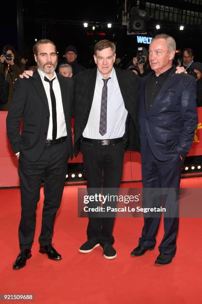 Joaquin Phoenix, Gus Van Sant and Udo Kier attend the 'Don't Worry, He Won't Get Far on Foot' premiere during the 68th Berlinale International Film...