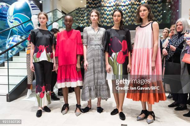 Models poses at the A by Jigsaw Presentation during London Fashion Week February 2018 at St James Emporium on February 20, 2018 in London, England.