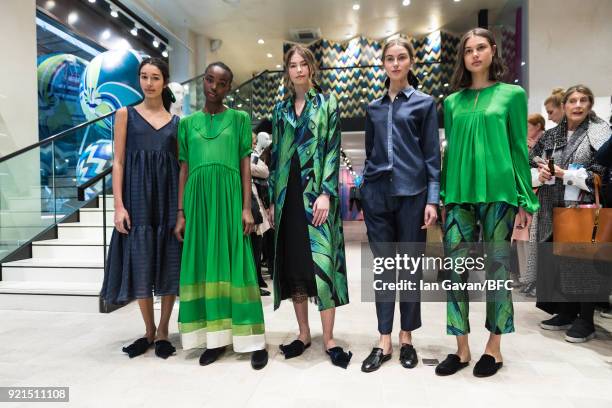 Models poses at the A by Jigsaw Presentation during London Fashion Week February 2018 at St James Emporium on February 20, 2018 in London, England.