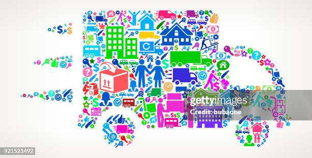 moving truck moving and relocation icon pattern - movers carrying boxes stock illustrations