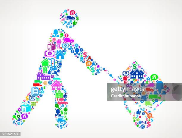 pushing luggage cart moving and relocation icon pattern - pushing dolly stock illustrations
