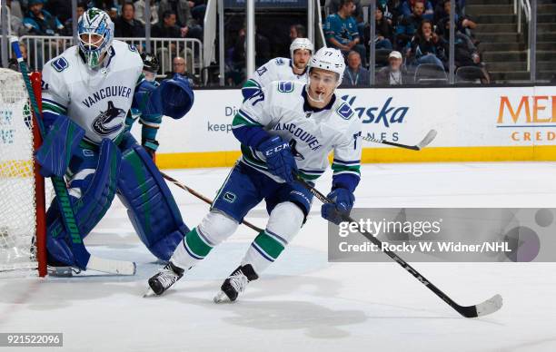 Nikolay Goldobin of the Vancouver Canucks skates against the San Jose Sharks at SAP Center on February 15, 2018 in San Jose, California.