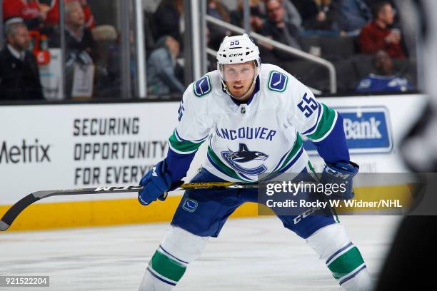 Alex Biega of the Vancouver Canucks skates against the San Jose Sharks at SAP Center on February 15, 2018 in San Jose, California.