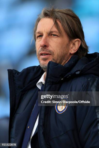 Inter coach Stefano Vecchi looks on during the UEFA Youth League Round of 16 match between Manchester City and Inter Milan at Manchester City...