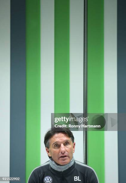 Bruno Labbadia, new head coach of VfL Wolfsburg, speaks to the media at Volkswagen Arena on February 20, 2018 in Wolfsburg, Germany.