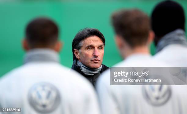 Bruno Labbadia, new head coach of Wolfsburg looks on during a training session of VfL Wolfsburg at Volkswagen Arena on February 20, 2018 in...