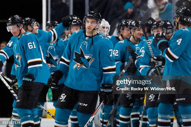 Dylan DeMelo of the San Jose Sharks look on after defeating the Vancouver Canucks at SAP Center on February 15, 2018 in San Jose, California.