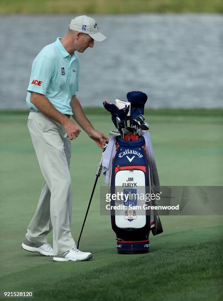 Jim Furyk plays a shot during a practice round prior to The Honda Classic at PGA National Resort and Spa on February 20, 2018 in Palm Beach Gardens,...
