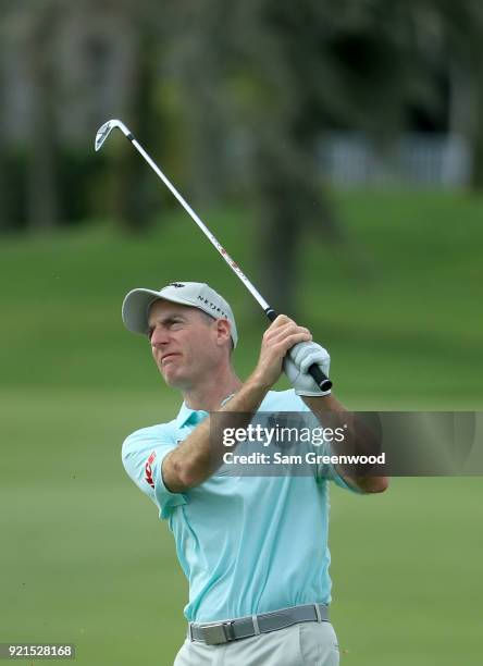 Jim Furyk plays a shot during a practice round prior to The Honda Classic at PGA National Resort and Spa on February 20, 2018 in Palm Beach Gardens,...