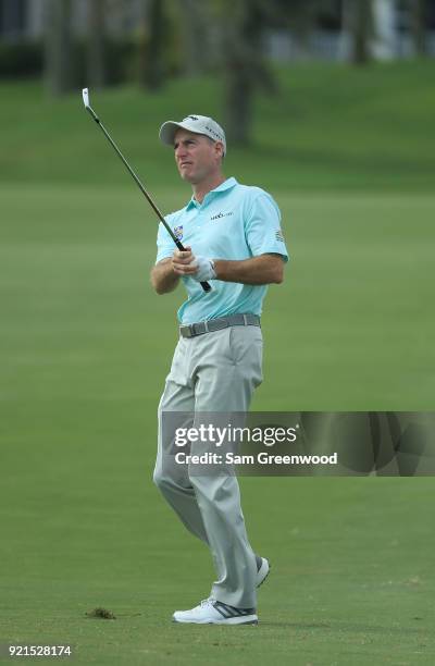 Jim Furyk plays a shot during a practice round prior to The Honda Classic at PGA National Resort and Spa on February 20, 2018 in Palm Beach Gardens,...