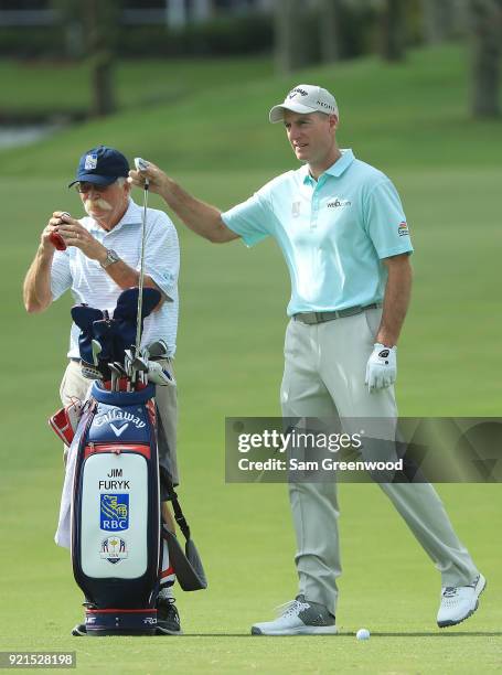 Jim Furyk plays a shot during a practice round prior to The Honda Classic at PGA National Resort and Spa on February 20, 2018 in Palm Beach Gardens,...