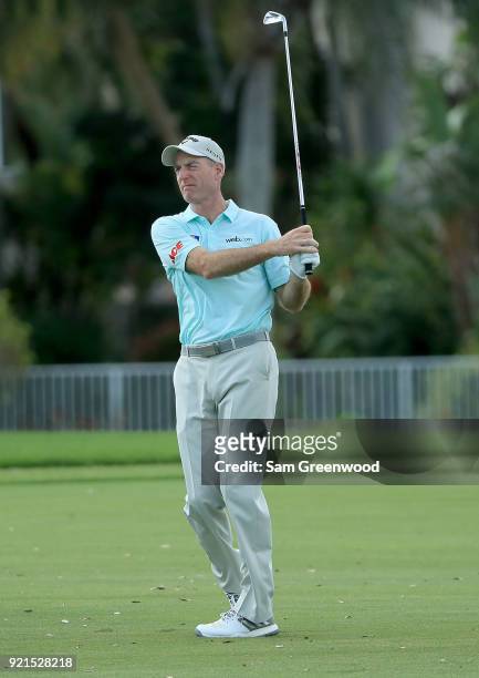 Jim Furyk plays a shot during a practice round prior to The Honda Classic at PGA National Resort and Spa on February 20, 2018 in Palm Beach Gardens,...