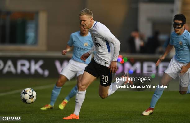 Jens Odgaard of FC Internazionale in action during the UEFA Youth League match between Manchester City and FC Internazionale at Manchester City...