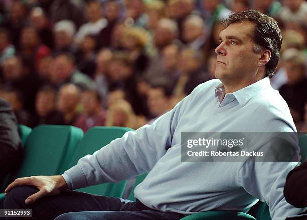 Arvydas Sabonis looks on during the Euroleague Basketball Regular Season Game Day 1 between Zalgiris Kaunas vs Asvel Basket at S.Darius and S.Girenas...