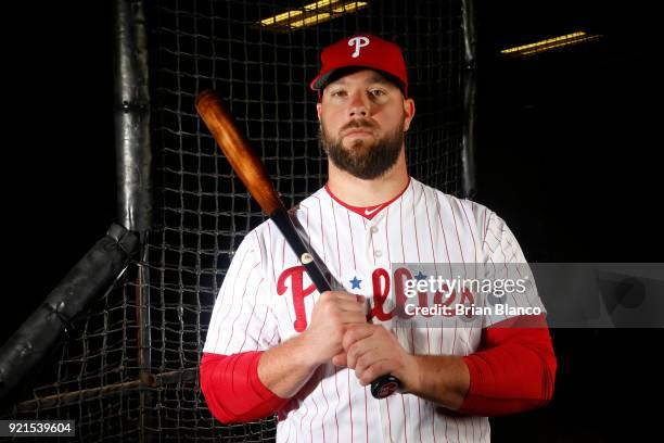 Cameron Rupp of the Philadelphia Phillies poses for a portrait on February 20, 2018 at Spectrum Field in Clearwater, Florida.