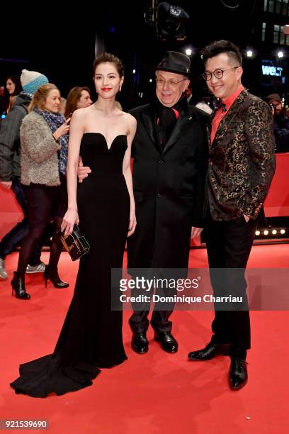 Elane Zhong Chuxi, Festival director Dieter Kosslick and Richard Shen attend the 'Don't Worry, He Won't Get Far on Foot' premiere during the 68th...