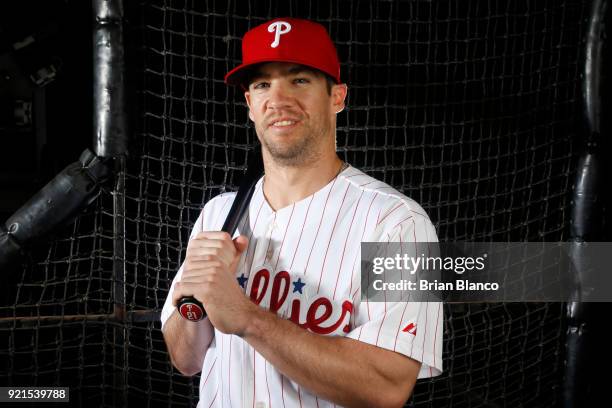 Collin Cowgill of the Philadelphia Phillies poses for a portrait on February 20, 2018 at Spectrum Field in Clearwater, Florida.