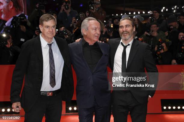 Gus Van Sant, Udo Kier and Joaquin Phoenix attend the 'Don't Worry, He Won't Get Far on Foot' premiere during the 68th Berlinale International Film...