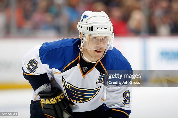 Paul Kariya of the St. Louis Blues skates against the Anaheim Ducks at the Honda Center on October 17, 2009 in Anaheim, California. The Blues...